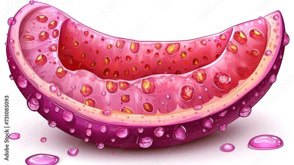 a close up of a watermelon slice with drops of water on the bottom and bottom of the slice. a close up of a watermelon slice with drops of water on the bottom and bottom of the slice.