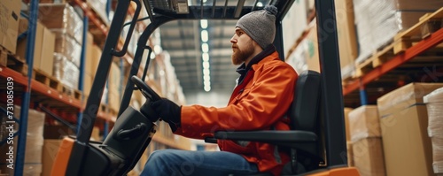 A warehouse worker operating a forklift.