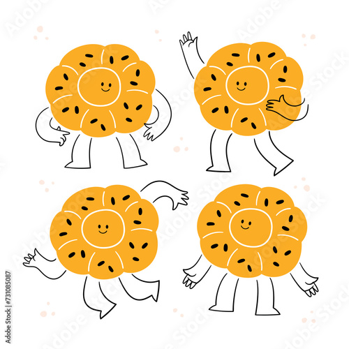 Flatbread characters with faces — cute vector illustrations. Kawaii flapjack and cartoon bread icons. Happy flatbread vector illustrations set.