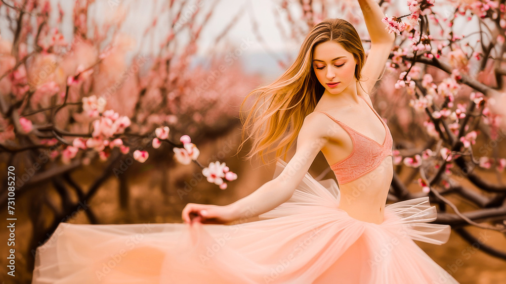 Fototapeta premium A young woman in a pink ballet dress dancing gracefully among spring blossom trees.