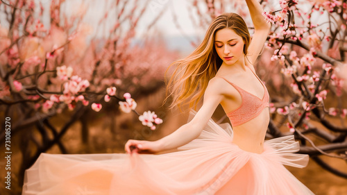 A young woman in a pink ballet dress dancing gracefully among spring blossom trees.