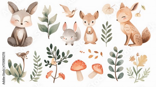 watercolor clip cute animals and nature elements