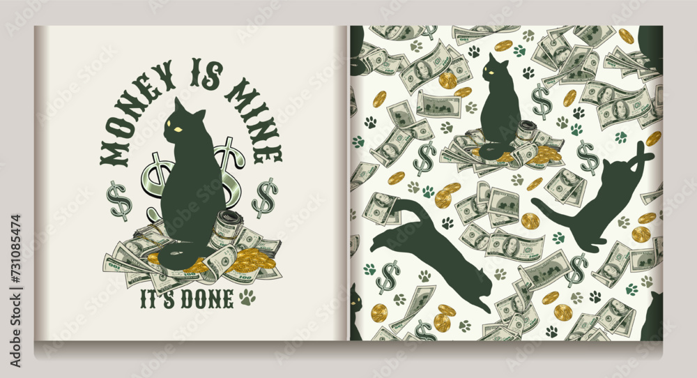 Money seamless pattern, label with 100 US dollar bills, silhouettes of cat, cats footprints, scattered golden coins. Cats catch money notes. Text Money is mine. Concept for apparel, t shirt design. No