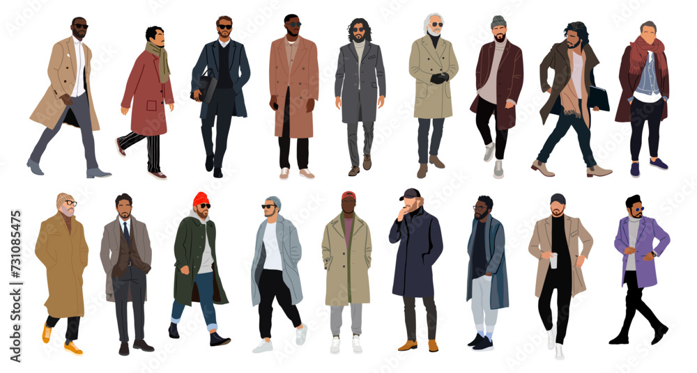 Set of different men wearing coats, stylish autumn, winter warm clothes. Big collection of male characters standing and walking full length. vector realistic illustration on transparent background.