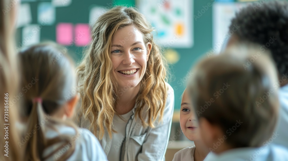 A smiling teacher directs her attention to elementary students, eager to hear their answers. A smiling teacher directs her attention to elementary students, eager to hear their answers.