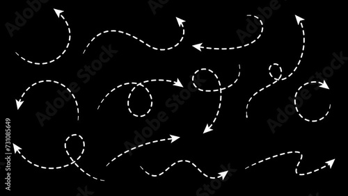 Dashed Arrows. Set of animated white dotted arrows on Transparent Background. Alpha channel
