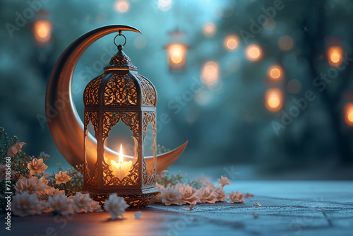Modern Islamic holiday banner suitable for Ramadan, Raya Hari, Eid al-Adha and Mawlid. A lit lantern on an evening background. Product podium.