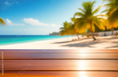 Empty table with copy space for product presentation  mockup. Empty table against the backdrop of a blurry view of the beach  palm trees  sea.