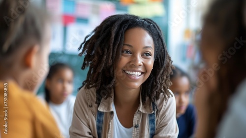 Wallpaper Mural A smiling teacher directs her attention to elementary students, eager to hear their answers. Torontodigital.ca