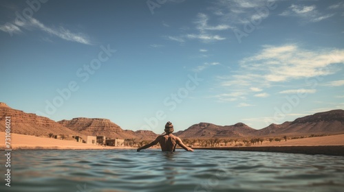 Wide shot of a man swimming in a pool at a Moroccan desert camp during his vacation. © vadymstock