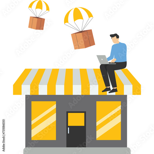 Dropshipping business model with opening e-commerce website shop and supplier deliver product directly to customer, businessman using computer with flying parachute drop ship package delivery