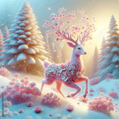 3D Christmas Pink Flower Reindeer