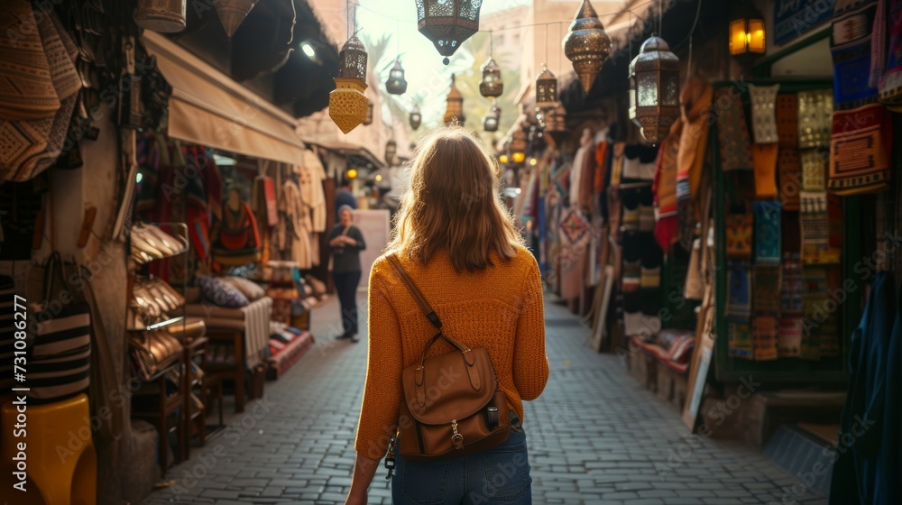 Wide shot of a female solo traveler exploring the streets of the Marrakech during her vacation.