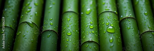 Close up of bamboo background with fresh glistening water droplets on a sunny day