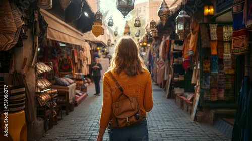 Wide shot of a female solo traveler exploring the streets of the Marrakech during her vacation.