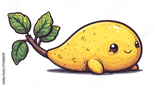 a cartoon lemon laying on its side with a leaf on it's head and eyes closed, with a white background. photo