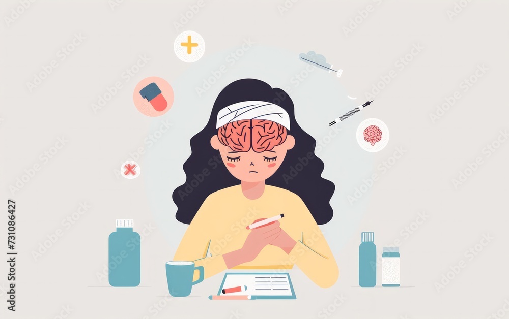 Illustration in flat style depicting a woman applying a bandage on a brain injury. Illustration in flat style depicting a woman applying a bandage on a brain injury.