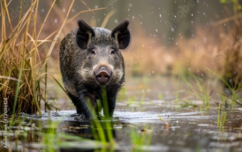 Wild boar (Sus scrofa), a male Eurasian wild pig, in its natural habitat of the swamp during springtime. © vadymstock