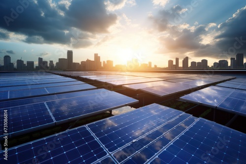 Sunset rays gleaming over an extensive solar farm renewable energy, with mountains in the backdrop