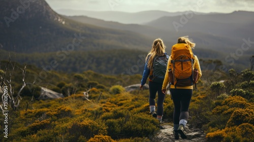Adventurous, active women embrace Tasmania's untamed beauty through exhilarating bushwalking, exploring the wild. photo