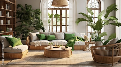 Interior design of cozy open space home decor with modular sofa, green pillows, braided plaid, wooden coffee table, rattan armchair, round table, plants, and personal accessories, following a template
