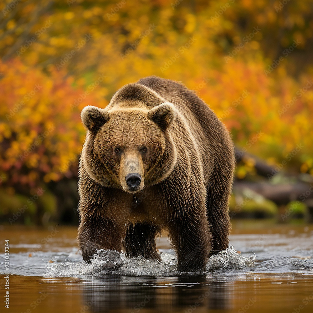 A large brown bear fishing in a forest river during autumn. Made with generative ai A large brown bear fishing in a forest river during autumn. Made with generative ai