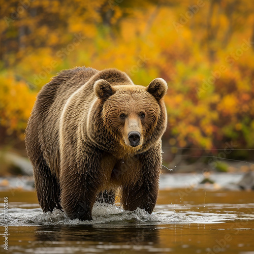 A large brown bear fishing in a forest river during autumn. Made with generative ai © ferid