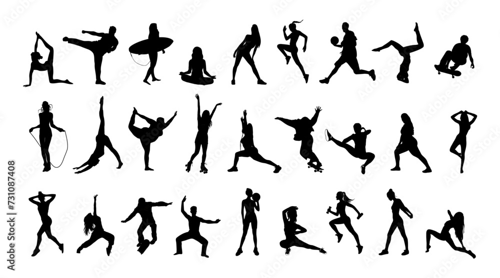 Collection of different men and women performing various sports activities silhouettes. Bundle of training, exercising people black vector illustrations isolated on white background. Avatars, icons.