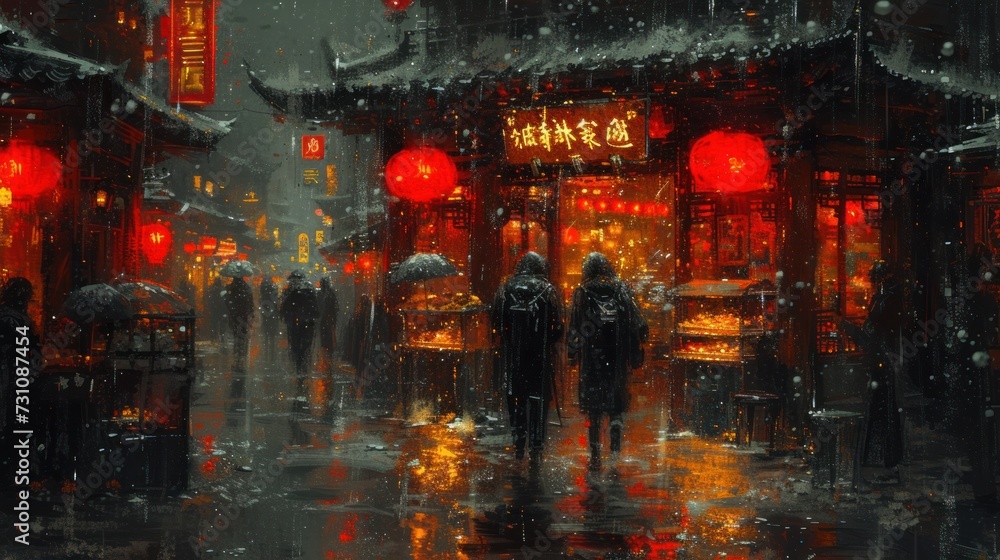 a painting of a city street at night with people walking down the street in the rain with umbrellas on. a painting of a city street at night with people walking down the street in the rain with umbrellas on.