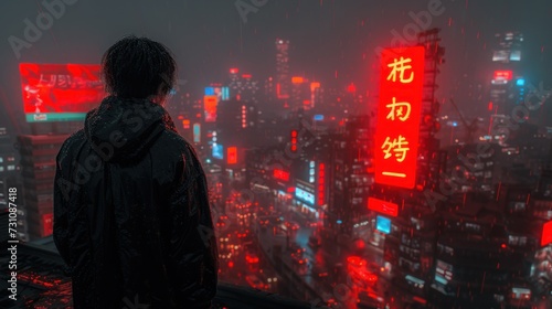 a man standing in front of a cityscape with a red neon sign in the middle of the picture.