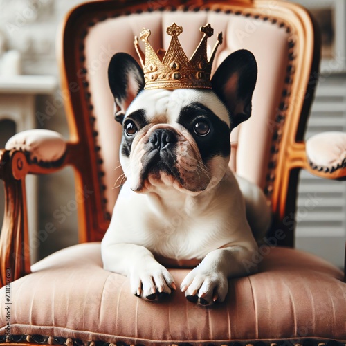 puppy sitting on a chair wearing a crown generative ai