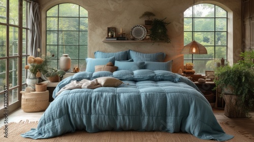 a bed with a blue comforter and pillows in a room with large windows and potted plants on the side of the bed.