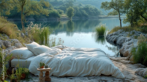 a bed sitting on top of a sandy beach next to a body of water filled with lots of green plants. photo