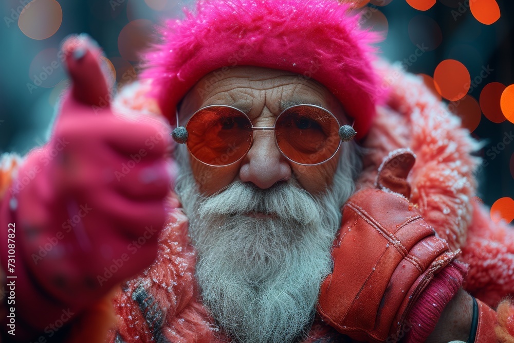 A rugged man with a distinguished beard and sharp moustache stands confidently, his face adorned with wrinkles and his head donning a playful pink hat and stylish sunglasses