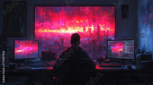 a man sitting at a desk in front of two computer monitors with a cityscape on the wall behind him.