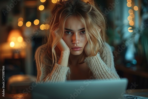 A pensive woman sitting indoors, her face illuminated by the soft glow of a laptop screen, gazes intently at the camera with hands clasped in distress