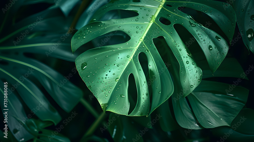Fototapeta premium Green leaves of Monstera philodendron plant growing in wild, the tropical forest plant, evergreen vines abstract color on dark background.