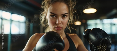 A blond woman is having fun at an event in the gym, wearing boxing gloves and sharing a gesture of excitement. Her eyelashes flutter as she throws a punch, showcasing her strong thighs.