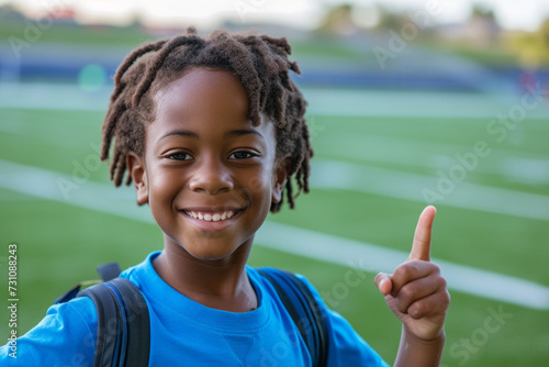  African boy against the background of a football field. Ai generated photo