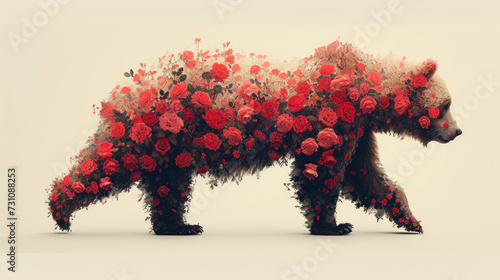 a bear made out of flowers on a white background in the shape of a bear with red flowers on it's body. photo