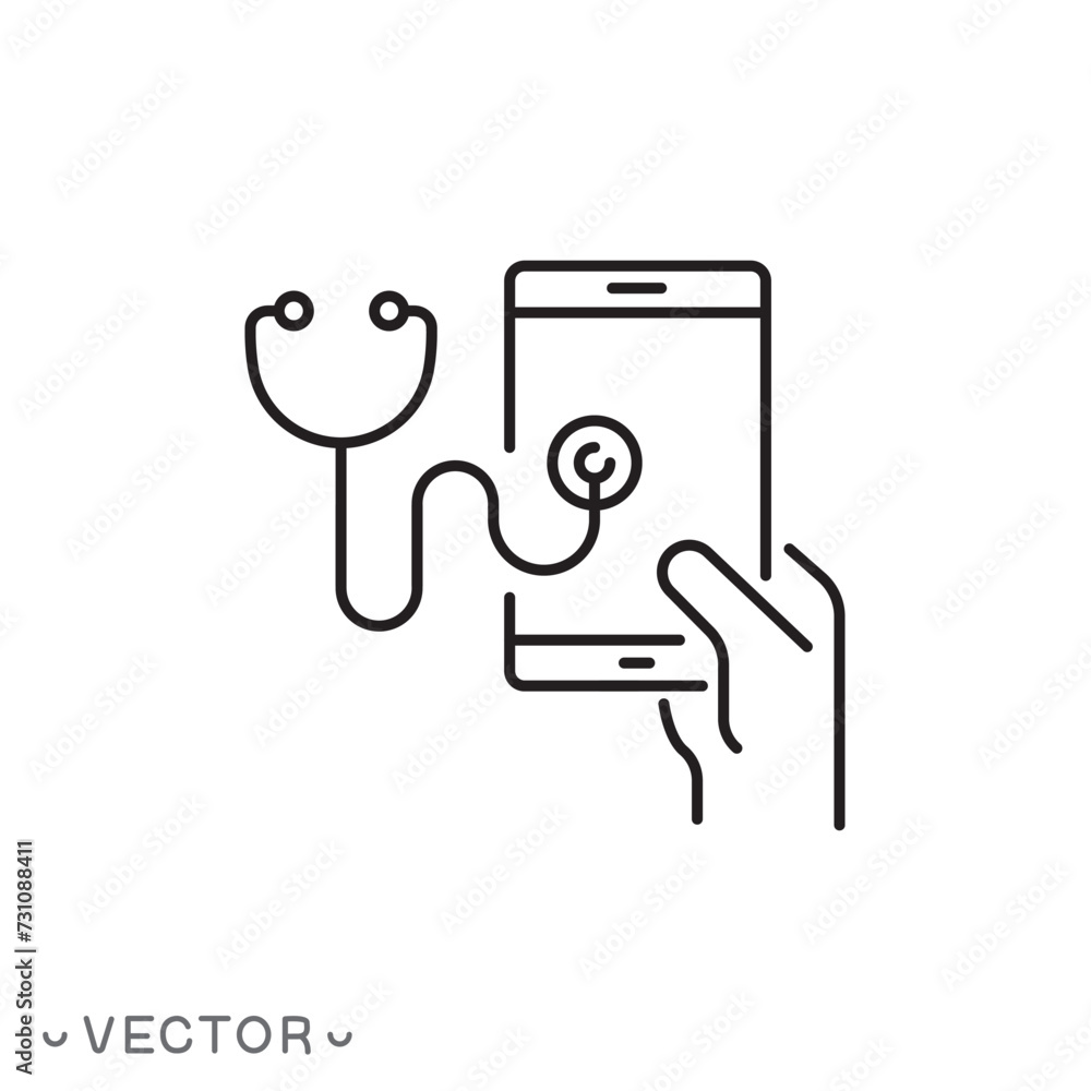 telemedicine icon, stethoscope and smartphone with medical thin line symbol isolated on white background, editable stroke eps 10 vector illustration