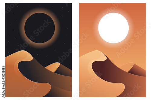 Set of futuristic posters with sand dunes and sun. Desert landscape background. 