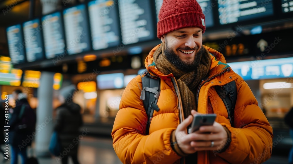 Smiling bearded man using smartphone at airport station with a cheerful and content expression