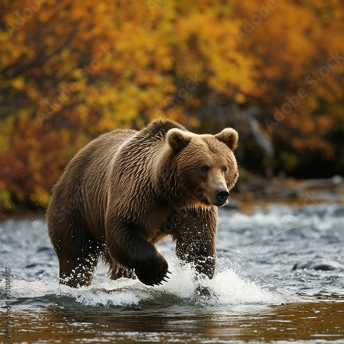 A large brown bear fishing in a forest river during autumn. Made with generative ai © ferid