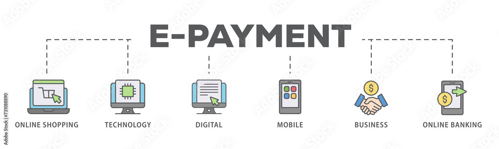 E-Payment banner web icon illustration concept of internet banking with icon of online shopping, technology, digital, mobile, business and online banking E-Payment banner web icon illustration concept of internet banking with icon of online shopping, technology, digital, mobile, business and online banking