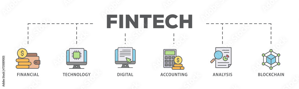 Fintech banner web icon illustration concept with icon of financial, technology, digital, accounting, analysis and blockchain Fintech banner web icon illustration concept with icon of financial, technology, digital, accounting, analysis and blockchain