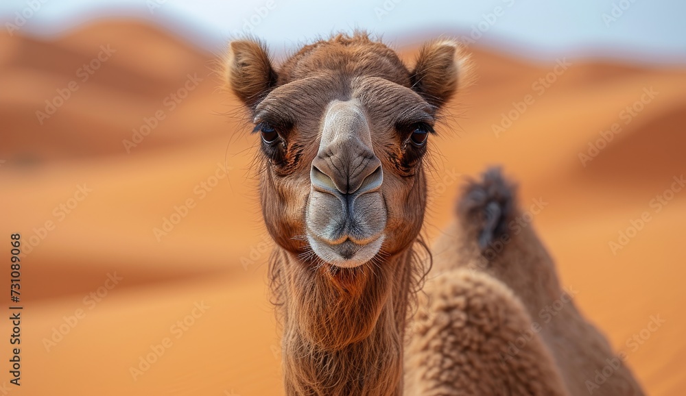 A majestic arabian camel stands tall in the desert, blending seamlessly with the aeolian landforms as it surveys its natural environment with an air of wild freedom