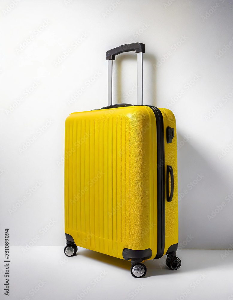 Uma mala de viagem na cor amarela, com alça e rodinhas. Com fundo branco. Uma mala de viagem na cor amarela, com alça e rodinhas. Com fundo branco.