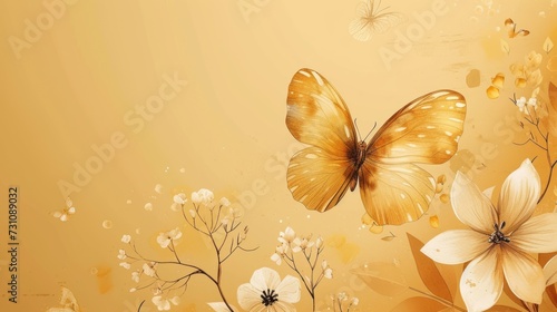 a painting of a butterfly and flowers on a yellow background with a butterfly flying over the top of the flowers. photo