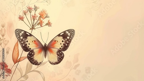 a butterfly sitting on top of a flower next to a light colored background with lots of small pink and orange flowers.